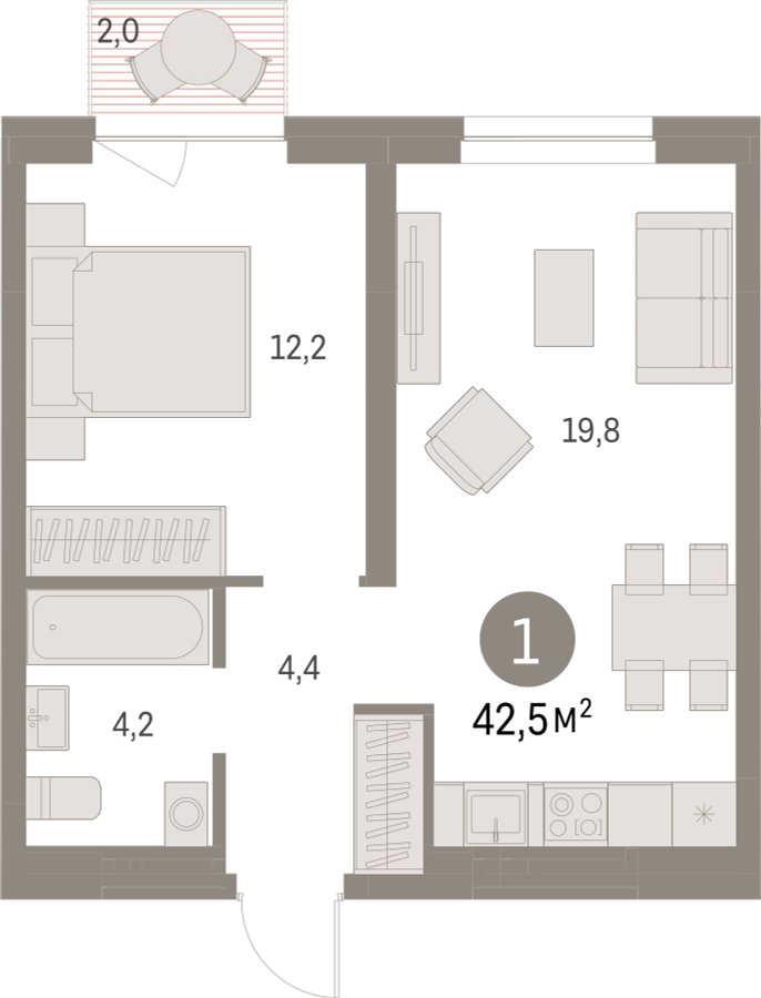 1-комнатная квартира с частичной отделкой, 42.5 м2, 4 этаж, сдача 1 квартал 2025 г., ЖК Первый квартал, корпус Дом 5 - объявление 2281398 - фото №1