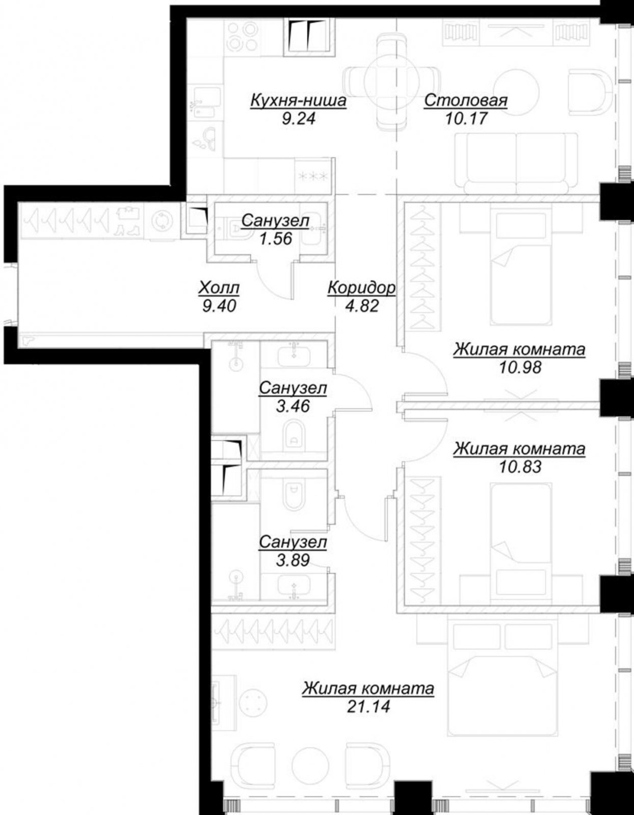 3-комнатная квартира с частичной отделкой, 85.49 м2, 34 этаж, сдача 4 квартал 2024 г., ЖК MOD, корпус Dreiser - объявление 2191631 - фото №1