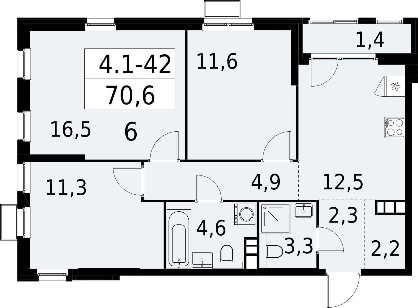 3-комнатная квартира с полной отделкой, 70.6 м2, 8 этаж, сдача 2 квартал 2027 г., ЖК Южные сады, корпус 4.1.1 - объявление 2392583 - фото №1