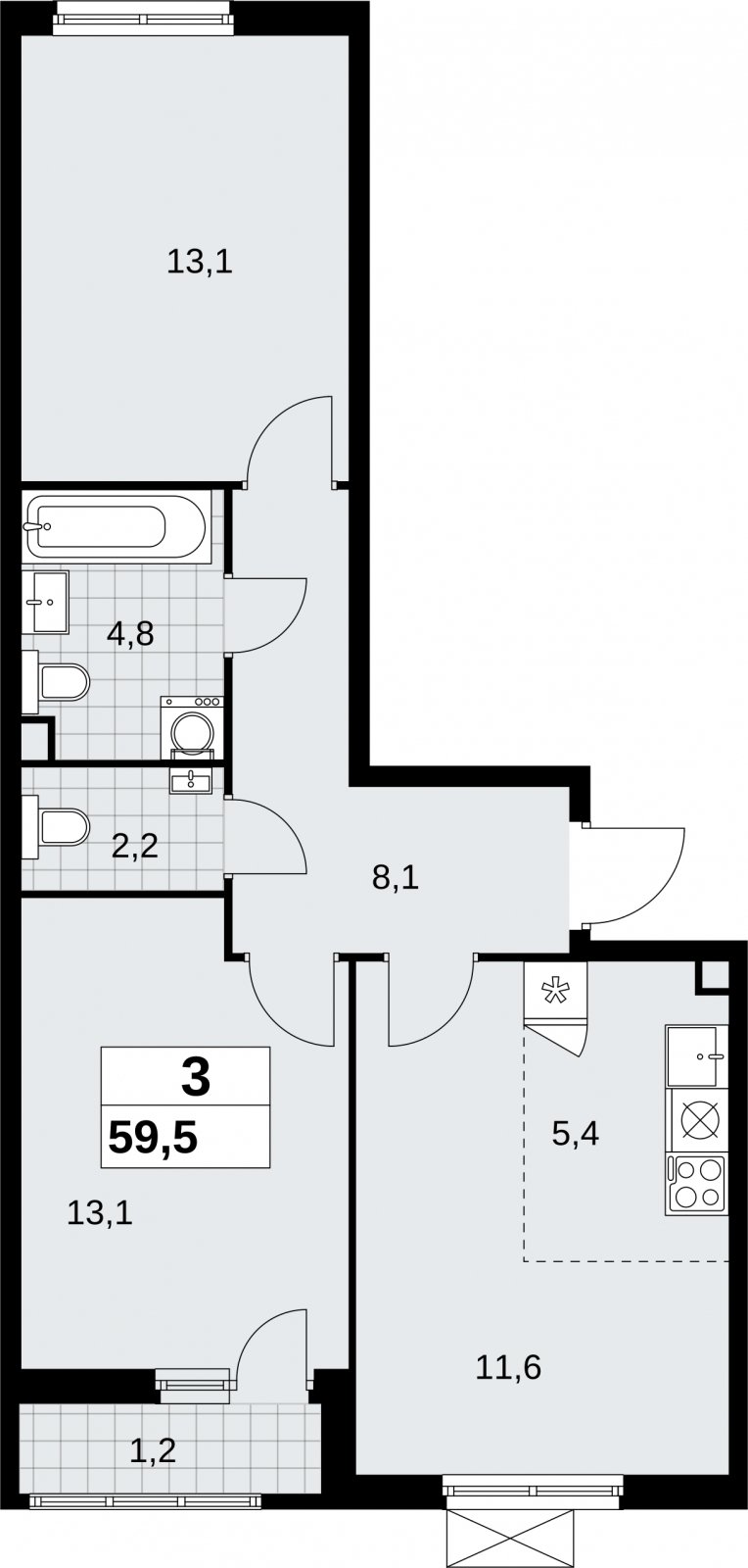 3-комнатная квартира (евро) без отделки, 59.5 м2, 2 этаж, сдача 2 квартал 2026 г., ЖК Дзен-кварталы, корпус 6.1.1 - объявление 2326982 - фото №1