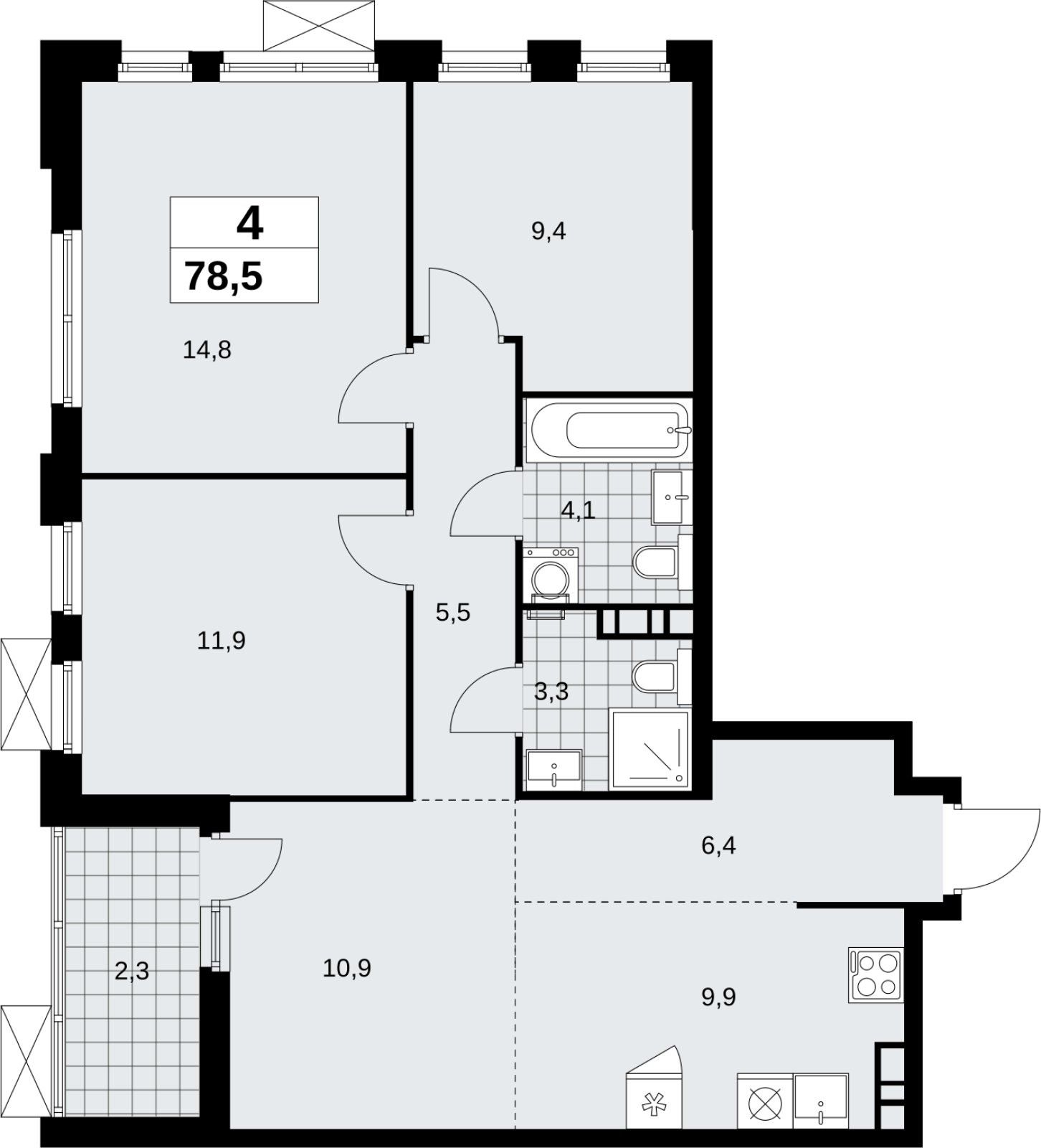 4-комнатная квартира (евро) с полной отделкой, 78.5 м2, 12 этаж, сдача 1 квартал 2027 г., ЖК Скандинавия, корпус 2.18.2.3 - объявление 2351422 - фото №1