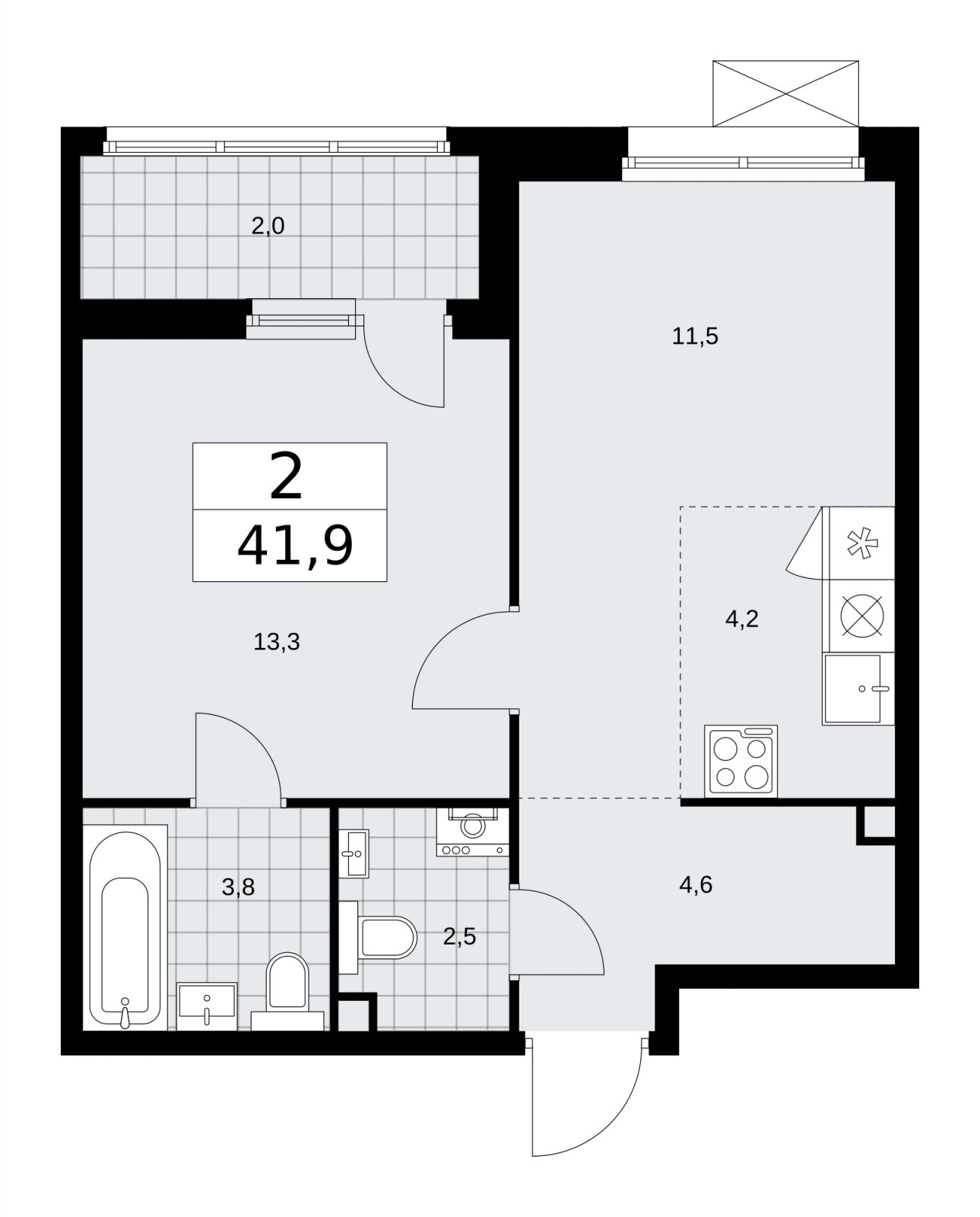 2-комнатная квартира (евро) без отделки, 41.9 м2, 2 этаж, сдача 1 квартал 2026 г., ЖК Дзен-кварталы, корпус 4.3 - объявление 2251730 - фото №1