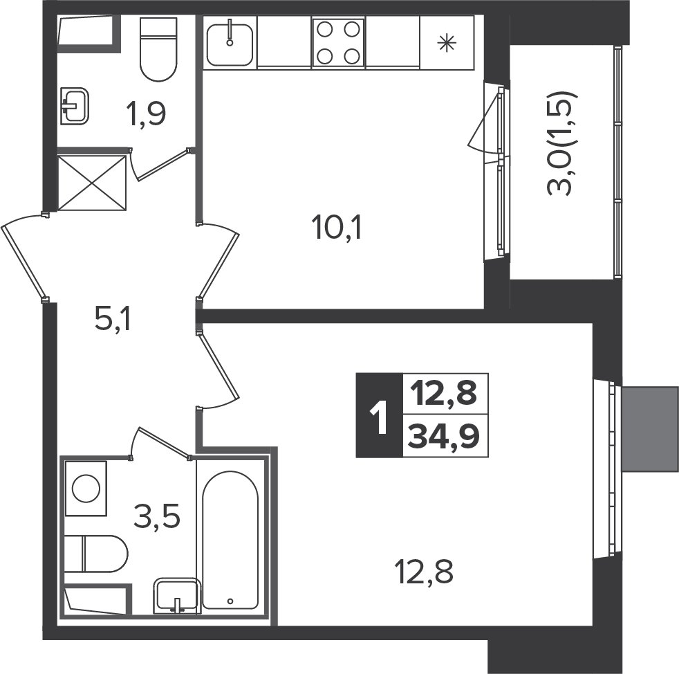1-комнатная квартира без отделки, 34.8 м2, 14 этаж, дом сдан, ЖК Южная Битца, корпус 6 - объявление 2208317 - фото №1