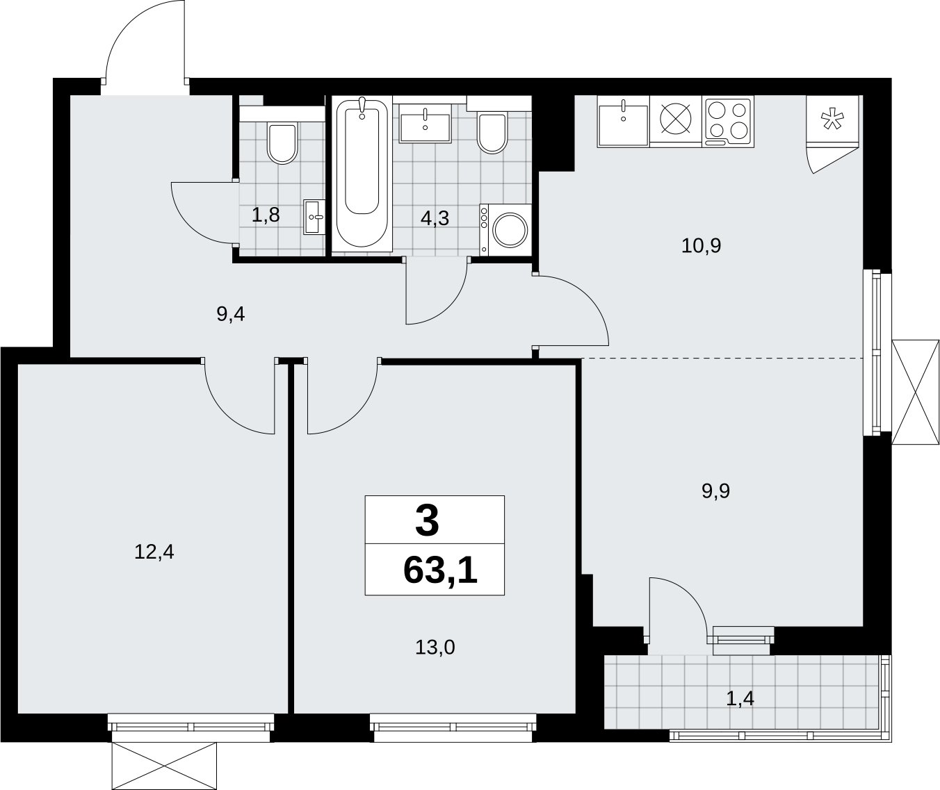 3-комнатная квартира (евро) без отделки, 63.1 м2, 16 этаж, сдача 2 квартал 2026 г., ЖК Бунинские кварталы, корпус 9.1 - объявление 2324168 - фото №1