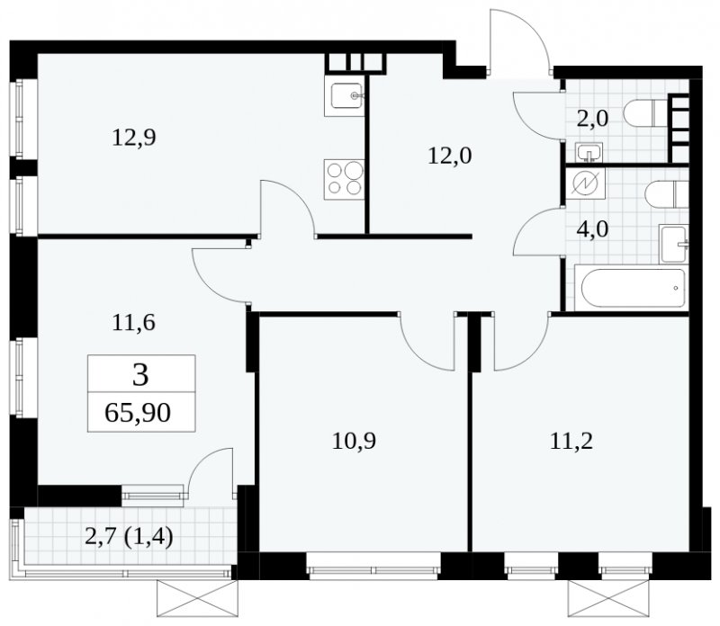 3-комнатная квартира без отделки, 65.9 м2, 14 этаж, сдача 1 квартал 2025 г., ЖК Прокшино, корпус 5.2.5 - объявление 1900945 - фото №1