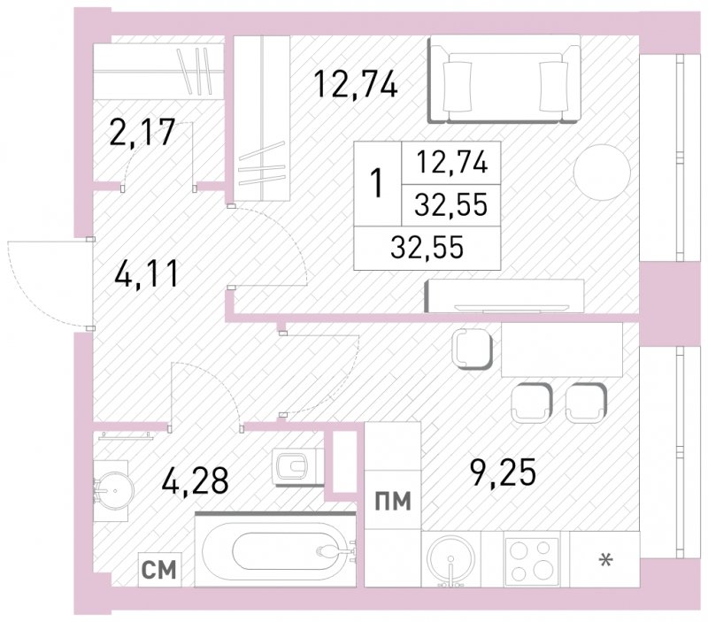 1-комнатная квартира с полной отделкой, 32.55 м2, 2 этаж, сдача 2 квартал 2023 г., ЖК Столичный, корпус 24 - объявление 1651131 - фото №1