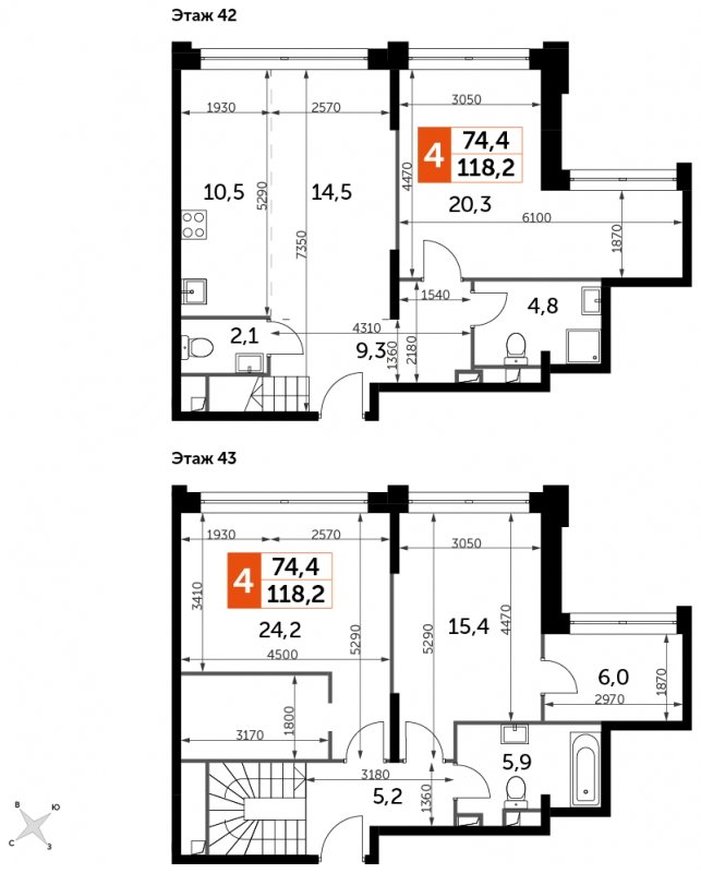 4-комнатная квартира без отделки, 118.2 м2, 42 этаж, сдача 1 квартал 2023 г., ЖК Sydney City, корпус 3 - объявление 1766859 - фото №1
