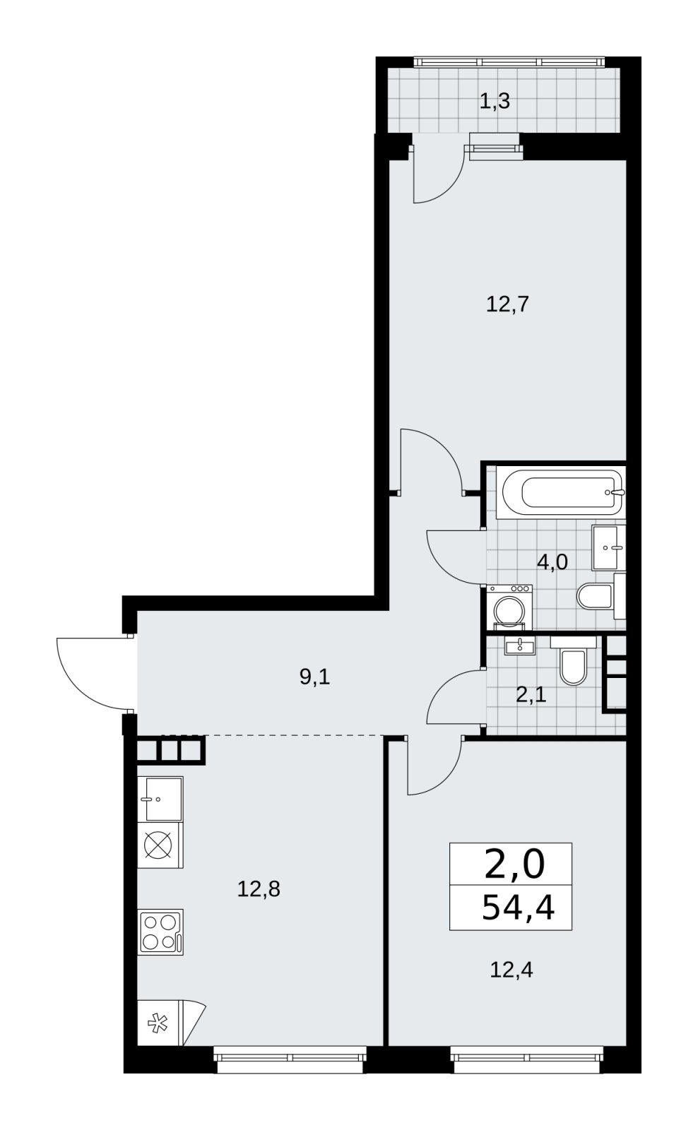 2-комнатная квартира с частичной отделкой, 54.4 м2, 9 этаж, сдача 2 квартал 2026 г., ЖК Дзен-кварталы, корпус 3.6 - объявление 2242790 - фото №1