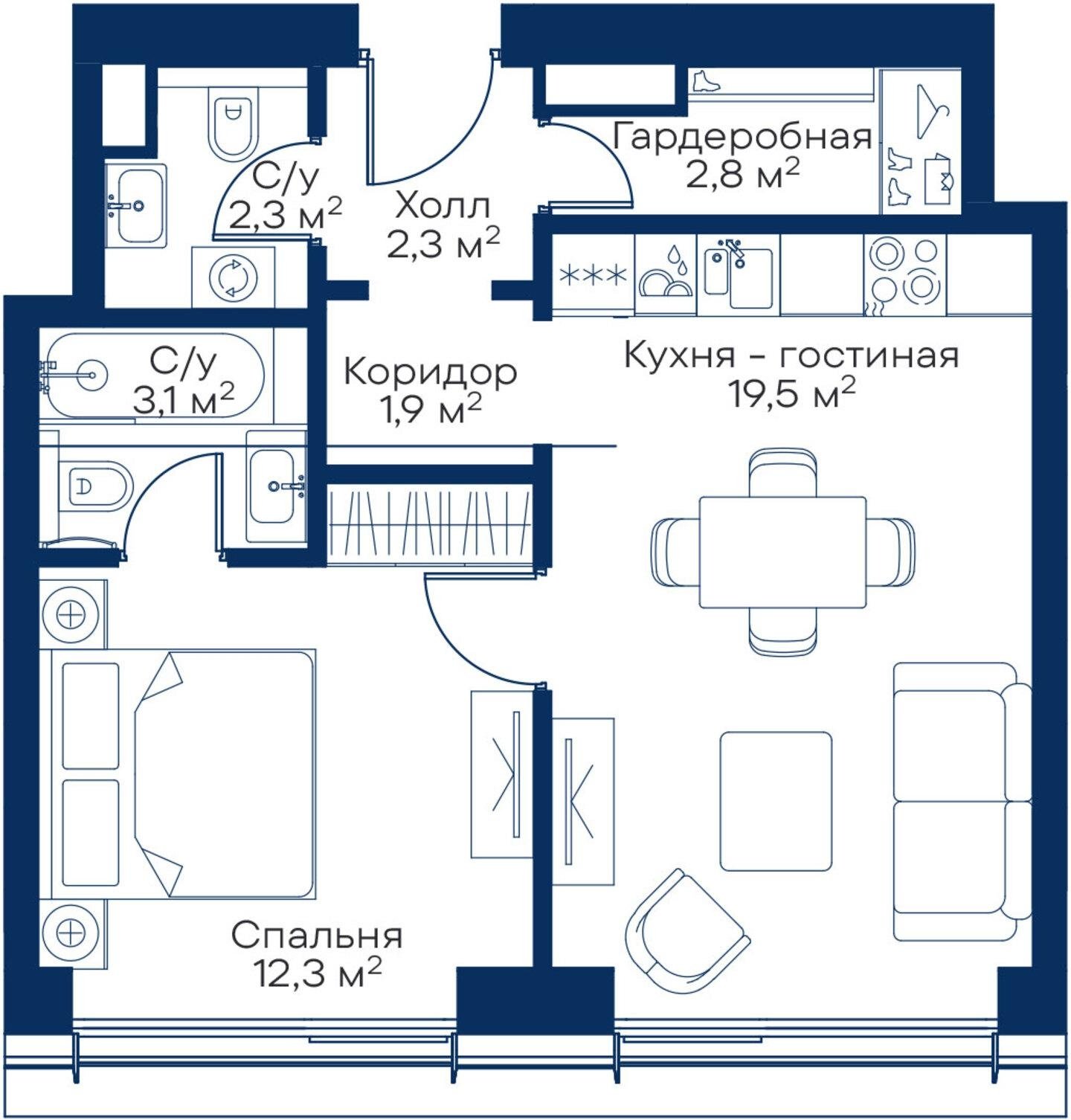 1-комнатная квартира с частичной отделкой, 44.2 м2, 3 этаж, сдача 3 квартал 2025 г., ЖК City Bay, корпус Atlantic Ocean 3 - объявление 2229924 - фото №1