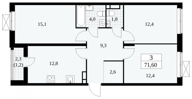 3-комнатная квартира без отделки, 71.6 м2, 10 этаж, сдача 1 квартал 2025 г., ЖК Прокшино, корпус 5.1.3 - объявление 1810765 - фото №1