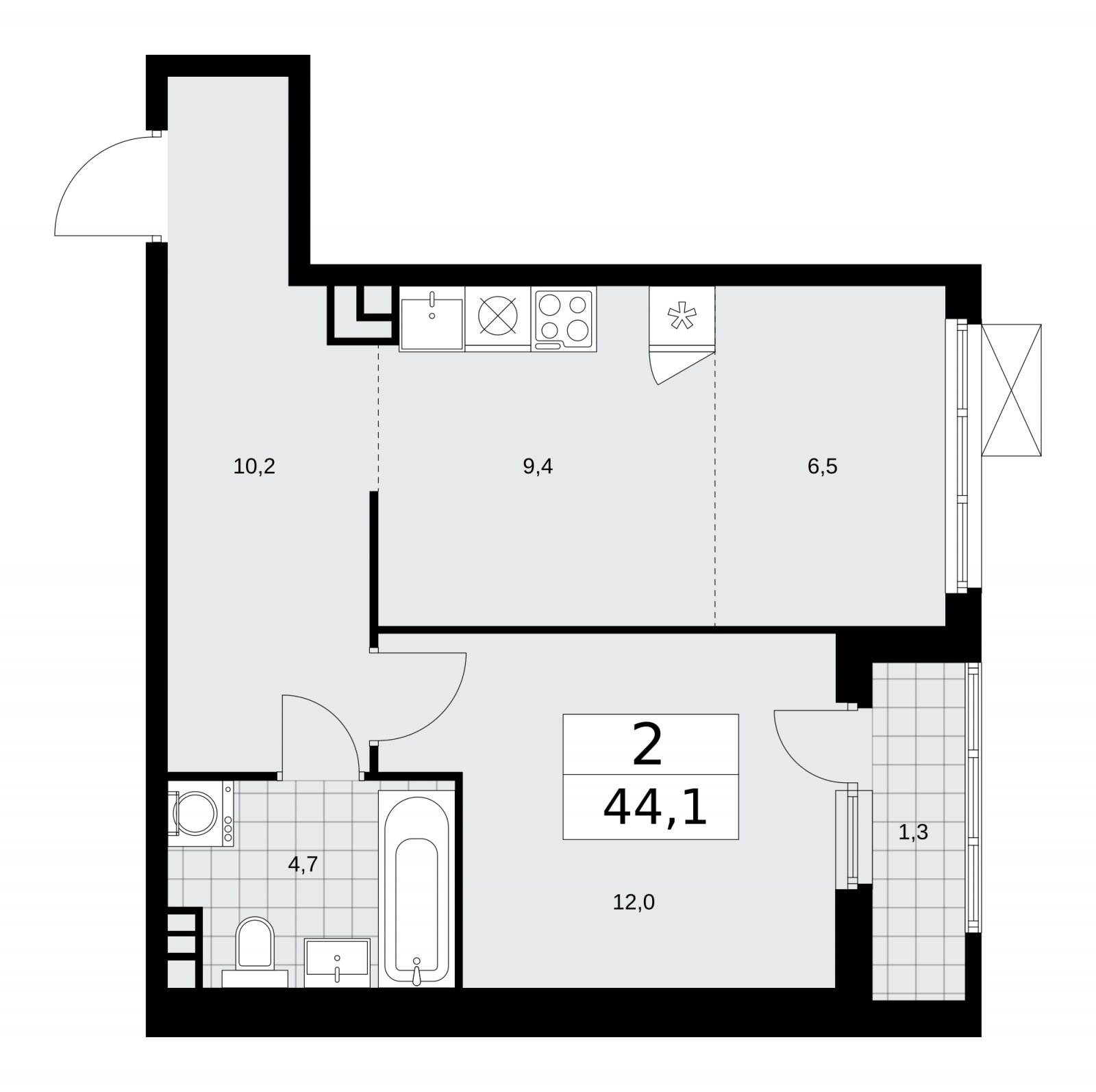 2-комнатная квартира (евро) без отделки, 44.1 м2, 5 этаж, сдача 4 квартал 2025 г., ЖК Прокшино, корпус 11.1.4 - объявление 2257585 - фото №1