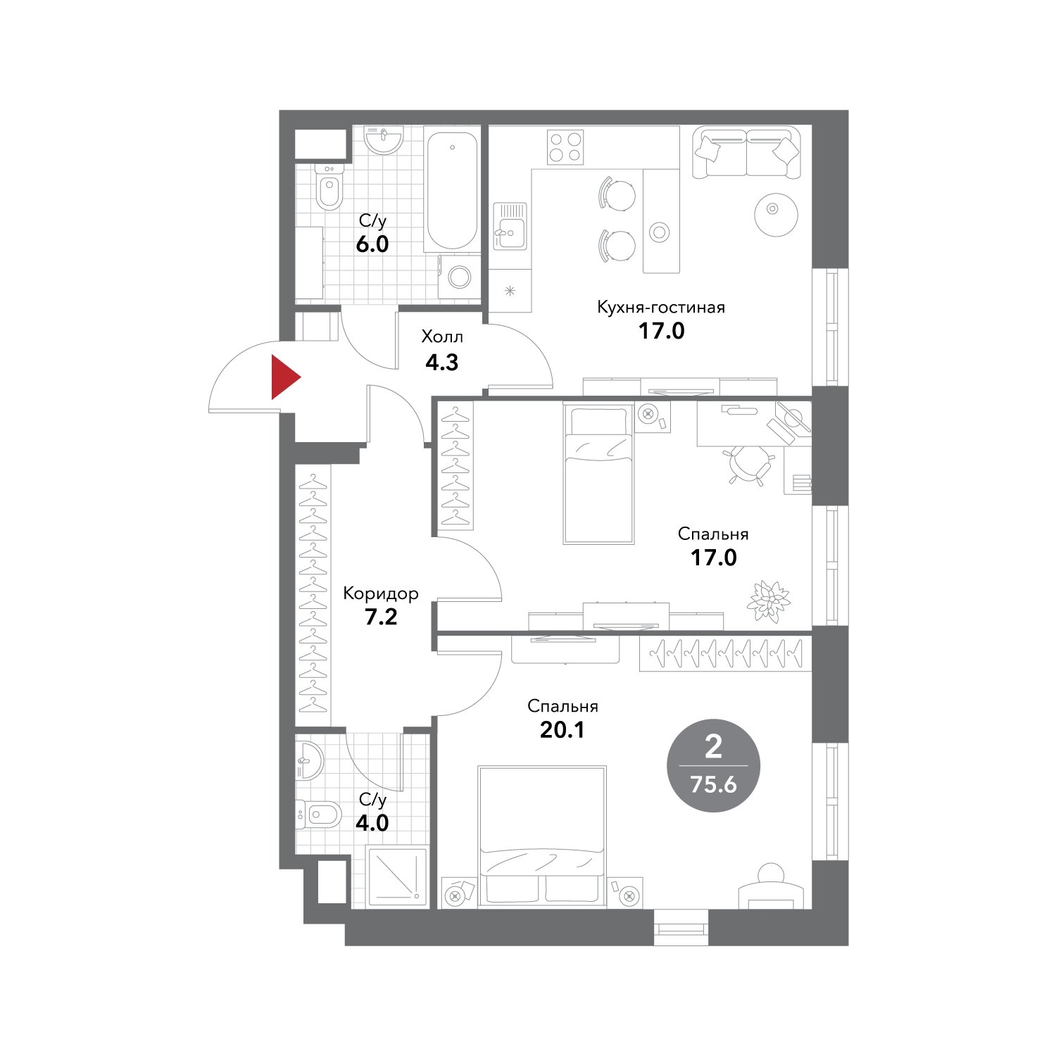 2-комнатные апартаменты без отделки, 75.6 м2, 16 этаж, сдача 3 квартал 2025 г., ЖК VOXHALL, корпус 4 - объявление 1983931 - фото №1