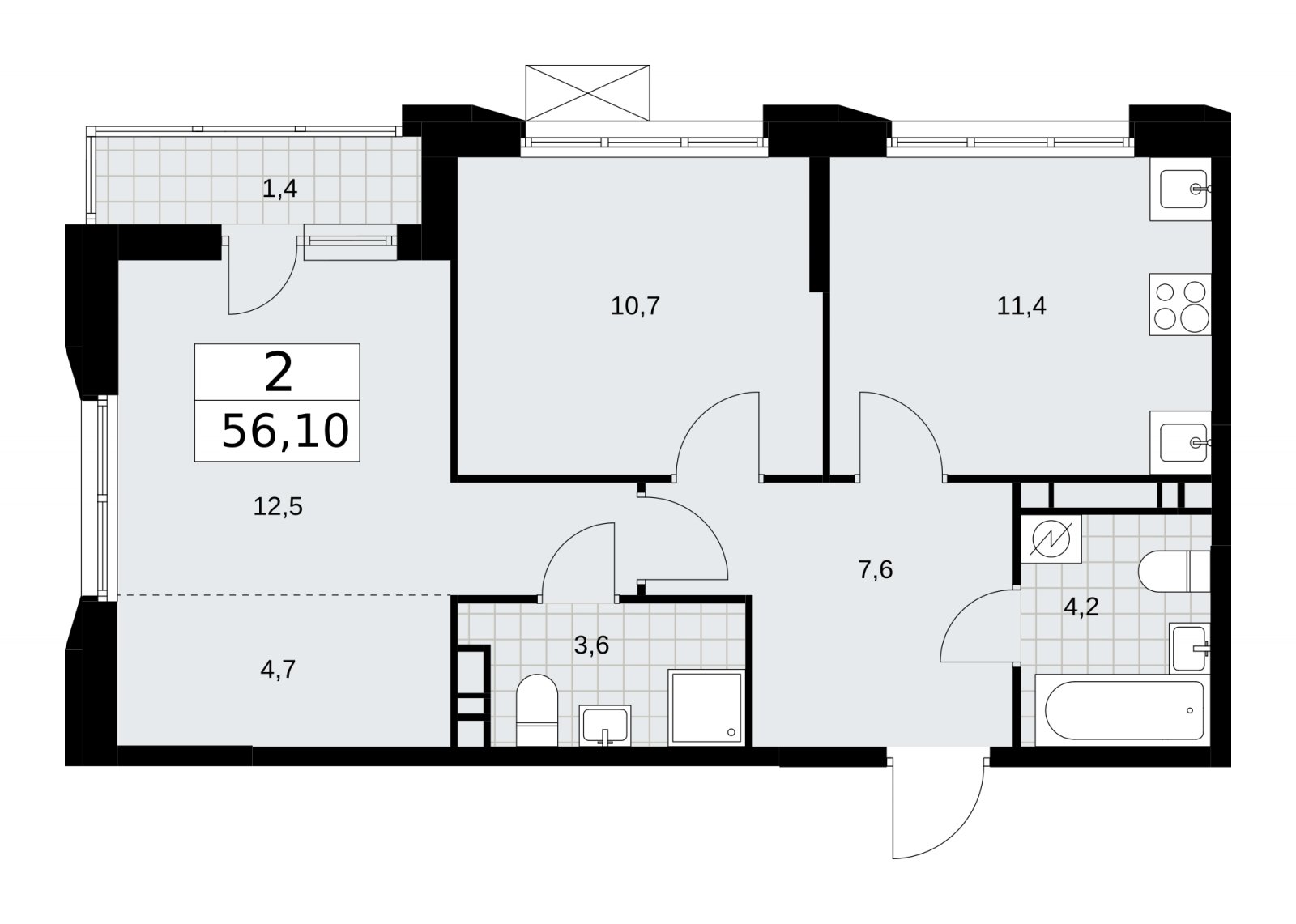 2-комнатная квартира с частичной отделкой, 56.1 м2, 9 этаж, сдача 4 квартал 2025 г., ЖК Скандинавия, корпус 28.4 - объявление 2202907 - фото №1