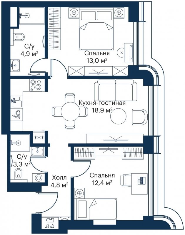 2-комнатная квартира с частичной отделкой, 57.3 м2, 2 этаж, сдача 4 квартал 2023 г., ЖК City Bay, корпус Atlantic Ocean 2 - объявление 1645555 - фото №1