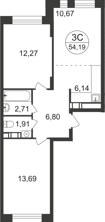 3-комнатная квартира с полной отделкой, 53 м2, 17 этаж, дом сдан, ЖК Люберцы, корпус 66 - объявление 2333224 - фото №1