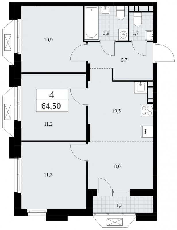 4-комнатная квартира (евро) без отделки, 64.5 м2, 7 этаж, сдача 1 квартал 2025 г., ЖК Бунинские кварталы, корпус 1.3 - объявление 1834690 - фото №1