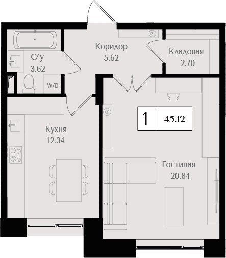 1-комнатная квартира без отделки, 45.12 м2, 2 этаж, сдача 3 квартал 2024 г., ЖК Преображенская площадь, корпус 1 - объявление 2287499 - фото №1