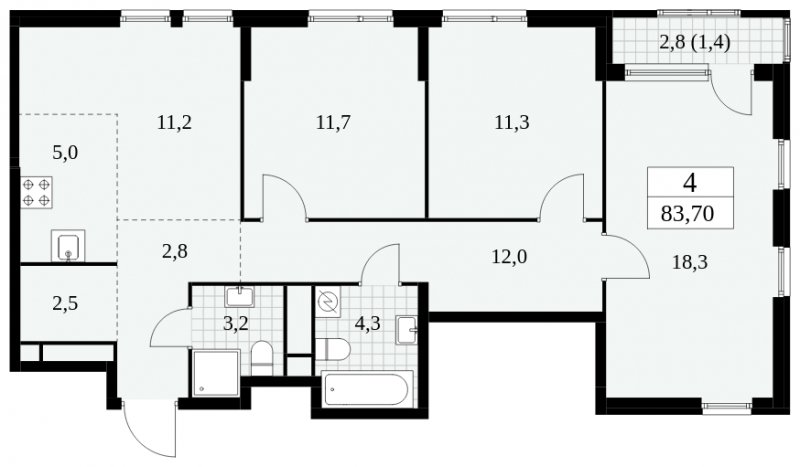 4-комнатная квартира (евро) без отделки, 83.7 м2, 3 этаж, сдача 2 квартал 2025 г., ЖК Южные сады, корпус 2.4 - объявление 1760180 - фото №1