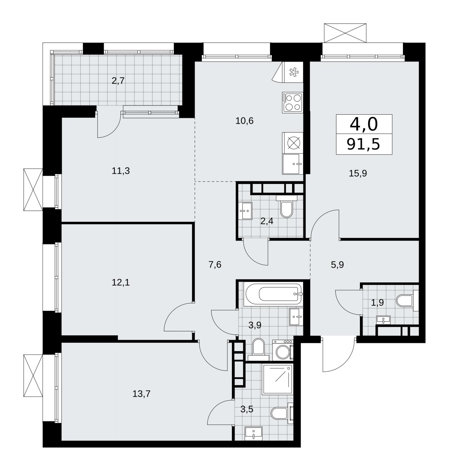 4-комнатная квартира (евро) с частичной отделкой, 91.5 м2, 18 этаж, сдача 1 квартал 2026 г., ЖК Бунинские кварталы, корпус 6.1 - объявление 2252508 - фото №1