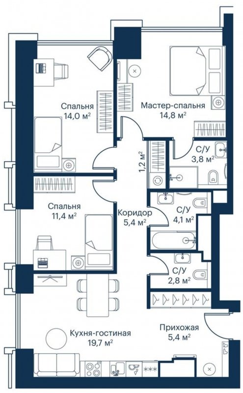 3-комнатная квартира с частичной отделкой, 83.45 м2, 16 этаж, сдача 2 квартал 2024 г., ЖК City Bay, корпус Indian Ocean 1 - объявление 1671584 - фото №1