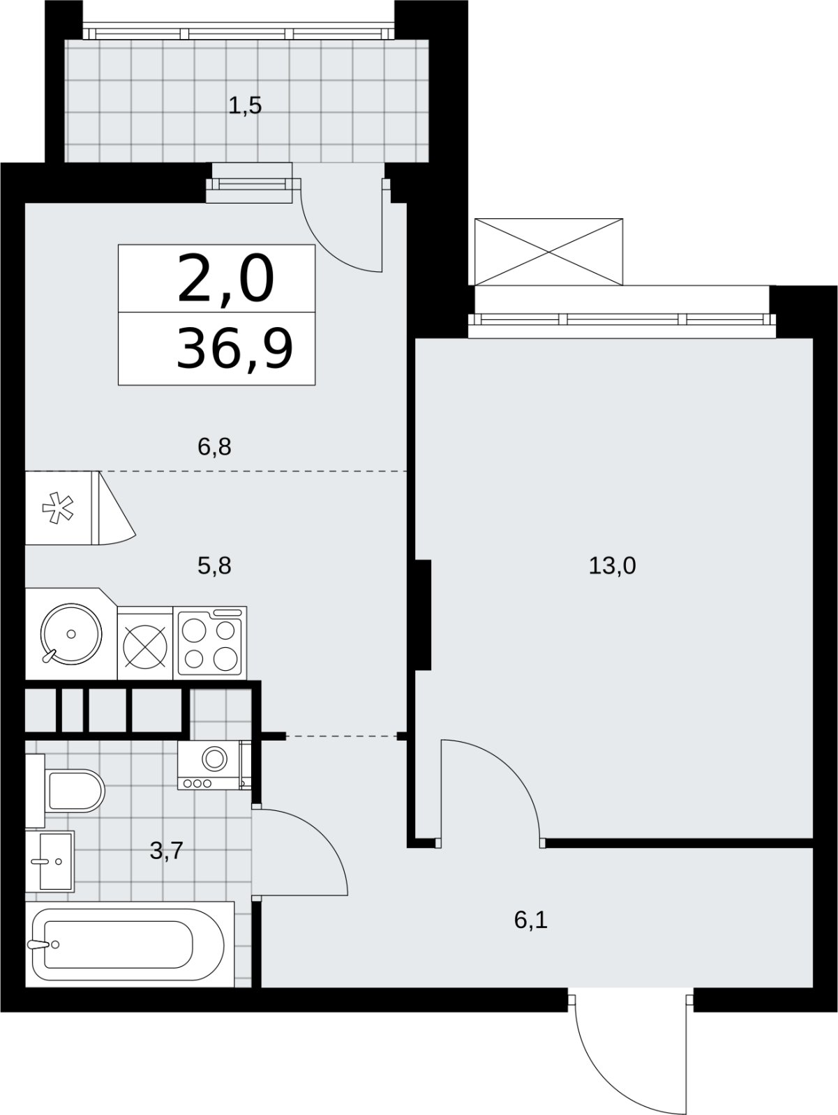 2-комнатная квартира (евро) с частичной отделкой, 36.9 м2, 8 этаж, сдача 2 квартал 2026 г., ЖК Прокшино, корпус 10.1.6 - объявление 2379221 - фото №1