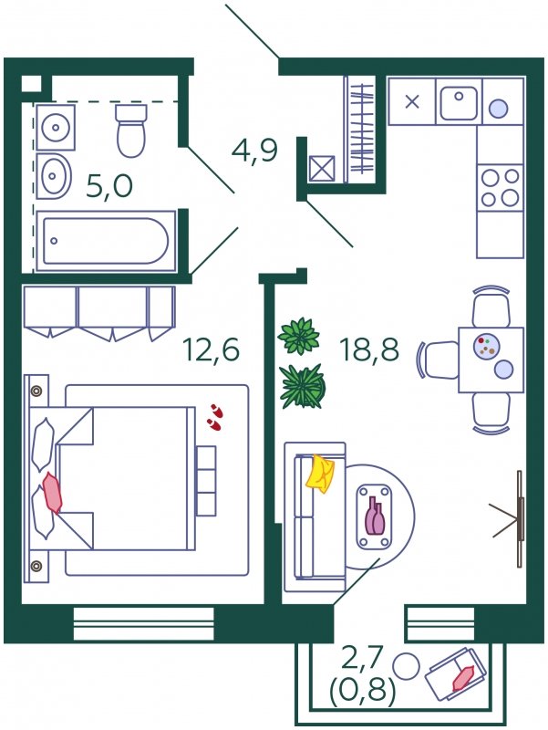 1-комнатная квартира без отделки, 42.1 м2, 11 этаж, сдача 1 квартал 2024 г., ЖК SHAGAL, корпус 1.6 - объявление 1960798 - фото №1