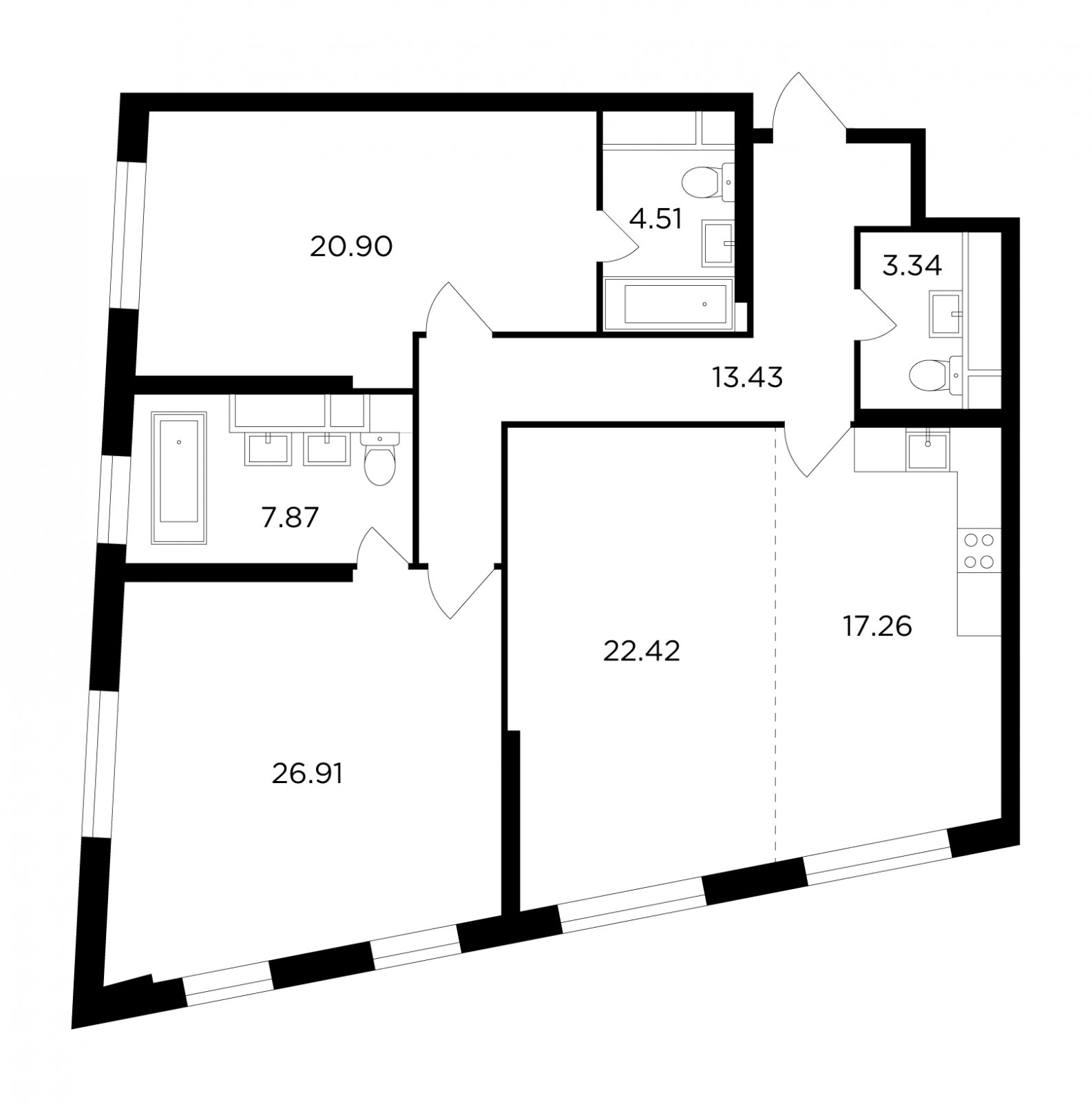 3-комнатная квартира без отделки, 116.64 м2, 24 этаж, дом сдан, ЖК КутузовGRAD 2, корпус 4 - объявление 2317469 - фото №1