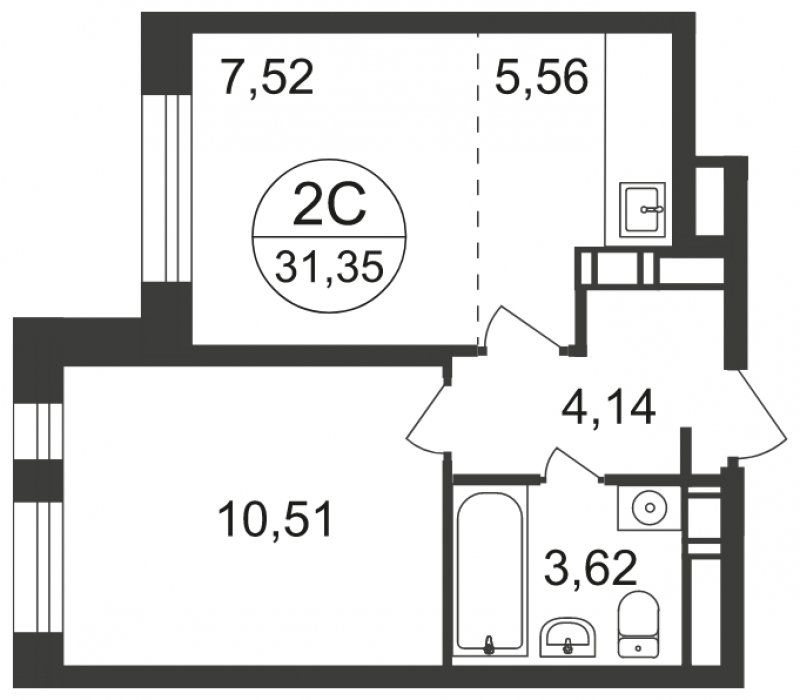 2-комнатная квартира с полной отделкой, 31.35 м2, 3 этаж, сдача 3 квартал 2023 г., ЖК Люберцы, корпус 66 - объявление 1658671 - фото №1