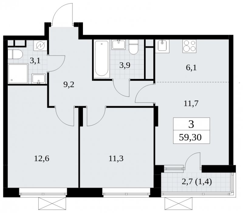 3-комнатная квартира (евро) без отделки, 59.3 м2, 4 этаж, сдача 1 квартал 2025 г., ЖК Прокшино, корпус 5.1.4 - объявление 1810956 - фото №1