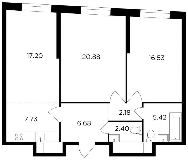 3-комнатная квартира без отделки, 79.02 м2, 26 этаж, сдача 2 квартал 2022 г., ЖК КутузовGRAD 2, корпус 6 - объявление 1747530 - фото №1
