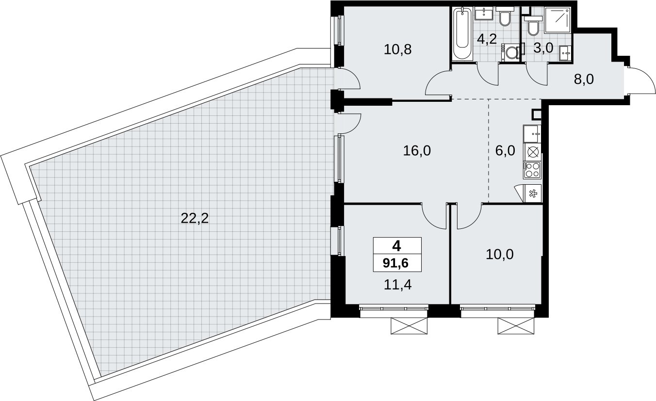 4-комнатная квартира (евро) без отделки, 91.6 м2, 2 этаж, сдача 4 квартал 2026 г., ЖК Скандинавия, корпус 2.18.1.3 - объявление 2350749 - фото №1