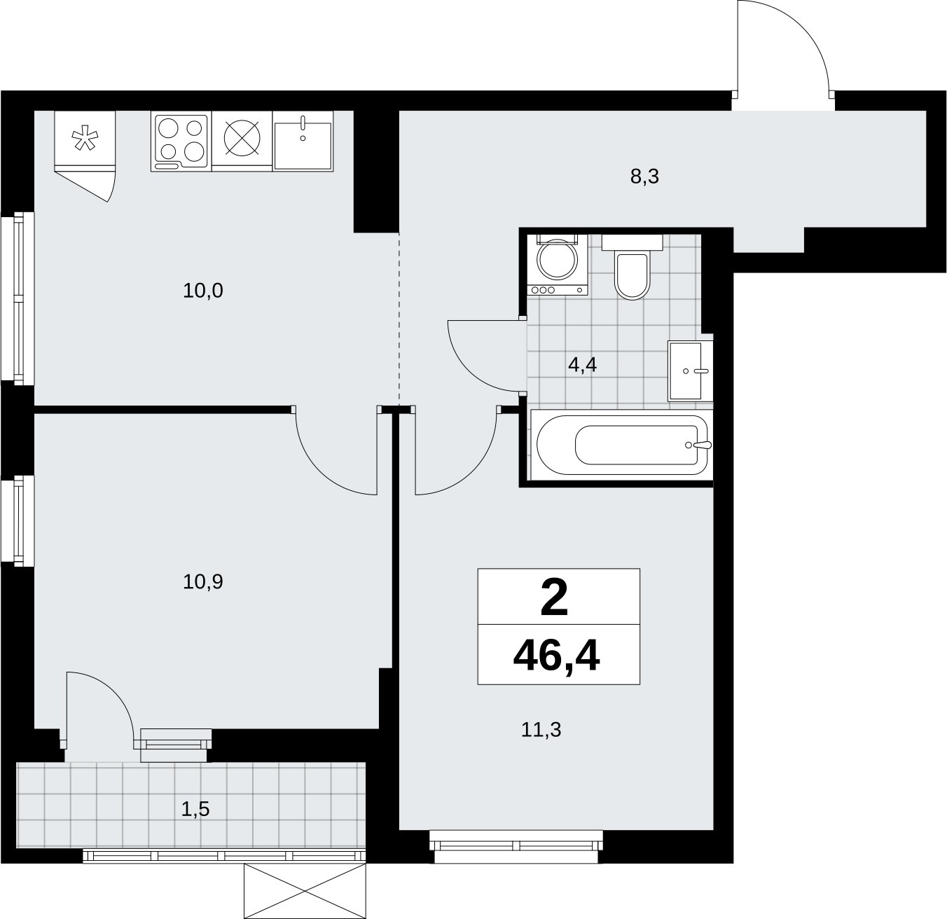 2-комнатная квартира с полной отделкой, 46.4 м2, 10 этаж, сдача 3 квартал 2026 г., ЖК Дзен-кварталы, корпус 6.1.3 - объявление 2327419 - фото №1
