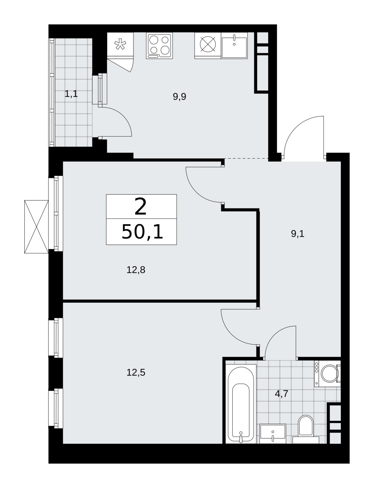 2-комнатная квартира без отделки, 50.1 м2, 10 этаж, сдача 4 квартал 2025 г., ЖК Прокшино, корпус 11.1.4 - объявление 2257621 - фото №1