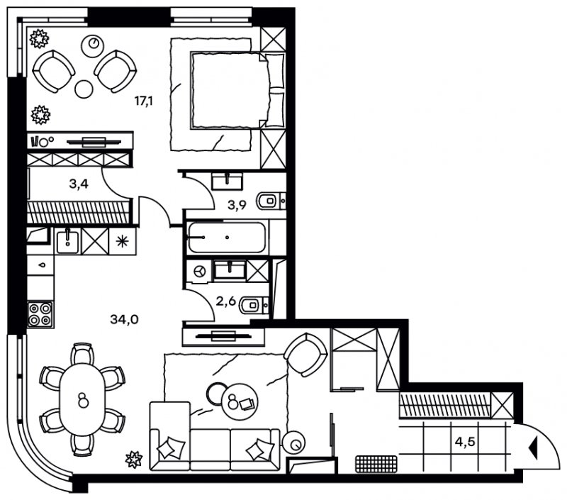 2-комнатные апартаменты с частичной отделкой, 65.5 м2, 12 этаж, дом сдан, ЖК Level Стрешнево, корпус Запад - объявление 1586705 - фото №1