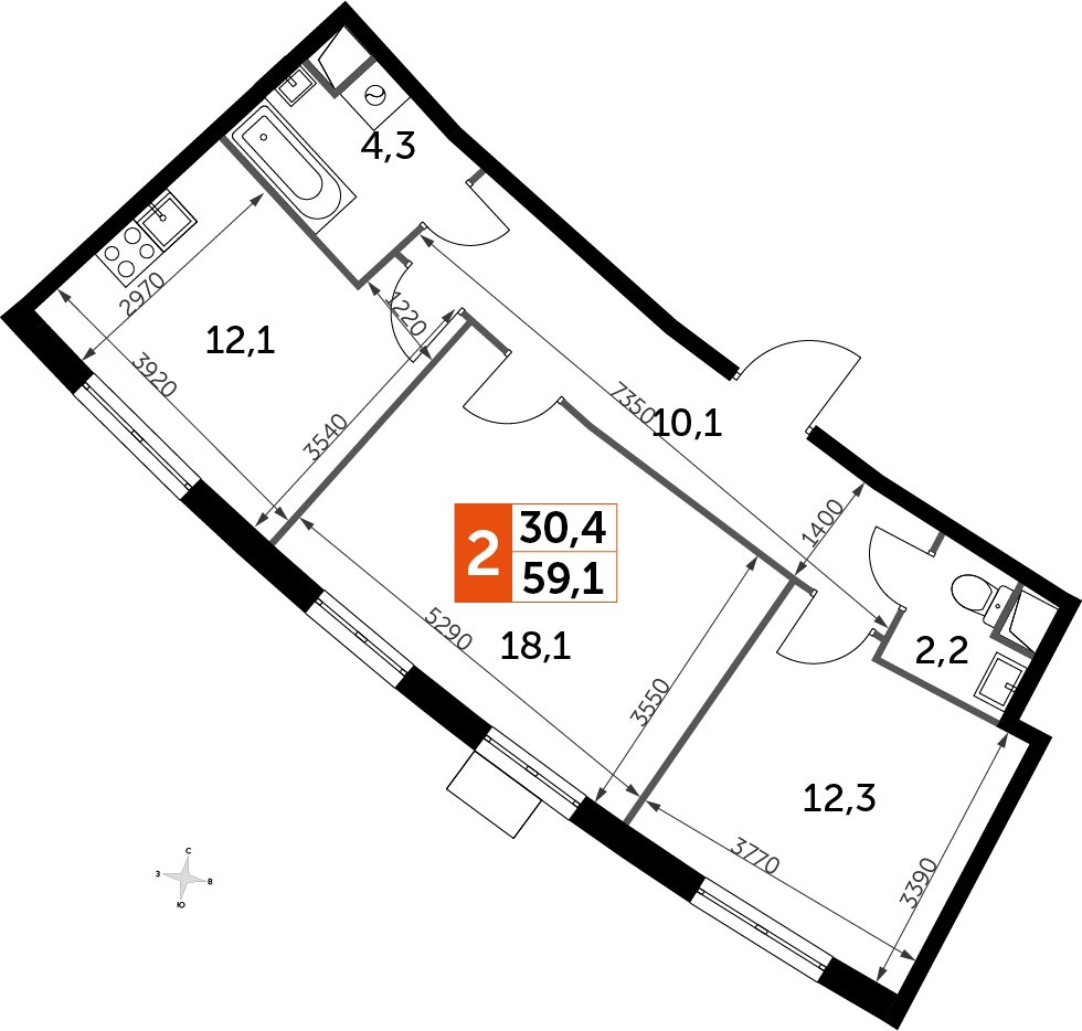 2-комнатная квартира без отделки, 59 м2, 2 этаж, дом сдан, ЖК UP-квартал Римский, корпус 7 - объявление 2353977 - фото №1