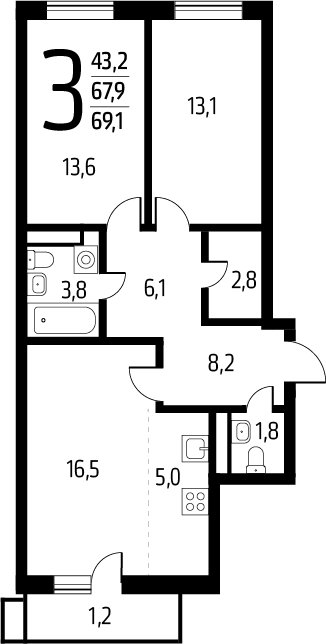 3-комнатная квартира с полной отделкой, 69.1 м2, 5 этаж, сдача 1 квартал 2025 г., ЖК Новые Ватутинки. Заречный, корпус 5/2 - объявление 2295810 - фото №1