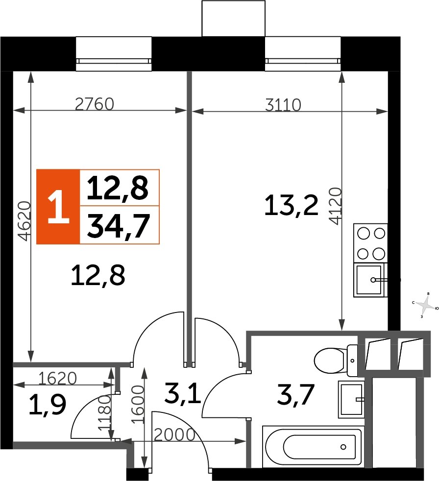 1-комнатные апартаменты с частичной отделкой, 34.7 м2, 4 этаж, дом сдан, ЖК Движение.Тушино, корпус 1,2 - объявление 2334842 - фото №1