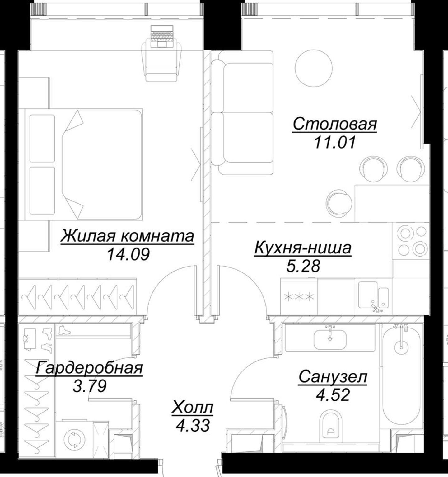 1-комнатная квартира с частичной отделкой, 43.34 м2, 12 этаж, сдача 4 квартал 2024 г., ЖК MOD, корпус Mann - объявление 2191454 - фото №1