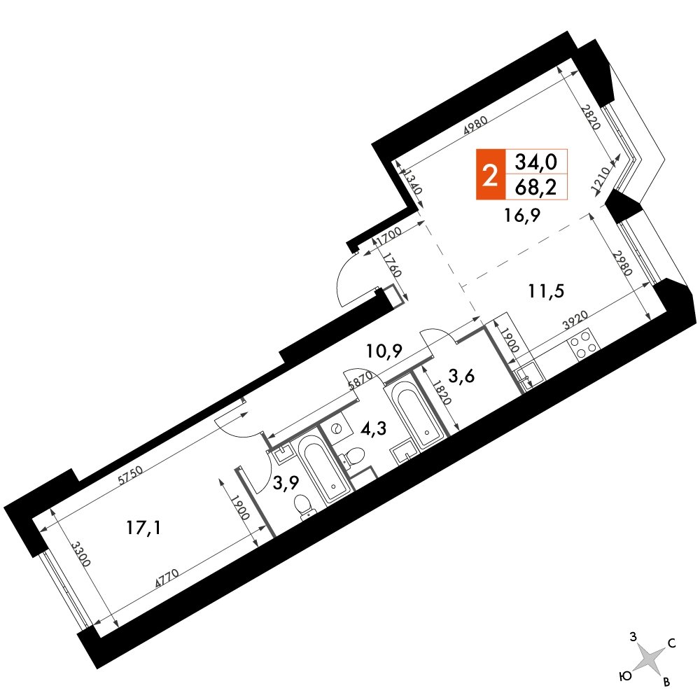 2-комнатная квартира с частичной отделкой, 68.2 м2, 22 этаж, сдача 4 квартал 2023 г., ЖК Архитектор, корпус 3 - объявление 2207475 - фото №1