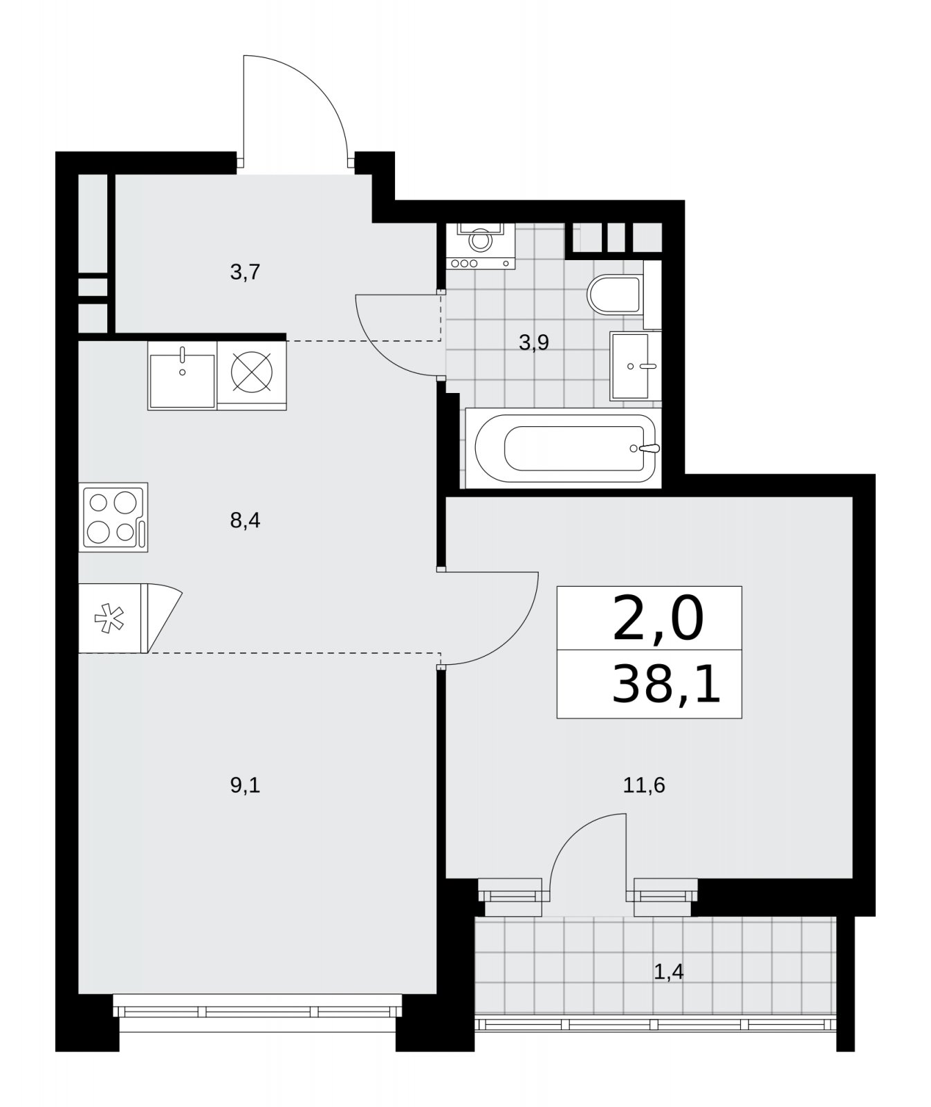 2-комнатная квартира (евро) без отделки, 38.1 м2, 7 этаж, сдача 1 квартал 2026 г., ЖК Прокшино, корпус 10.1.1 - объявление 2226689 - фото №1
