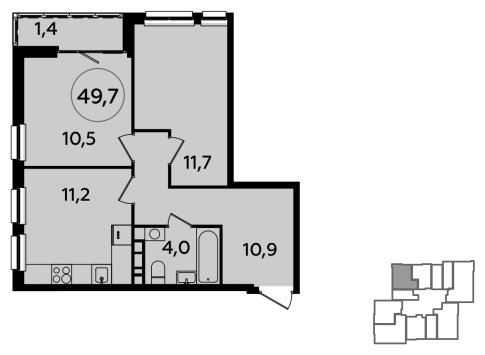 2-комнатная квартира без отделки, 49.7 м2, 12 этаж, сдача 1 квартал 2024 г., ЖК Южные сады, корпус 1.4 - объявление 1512513 - фото №1