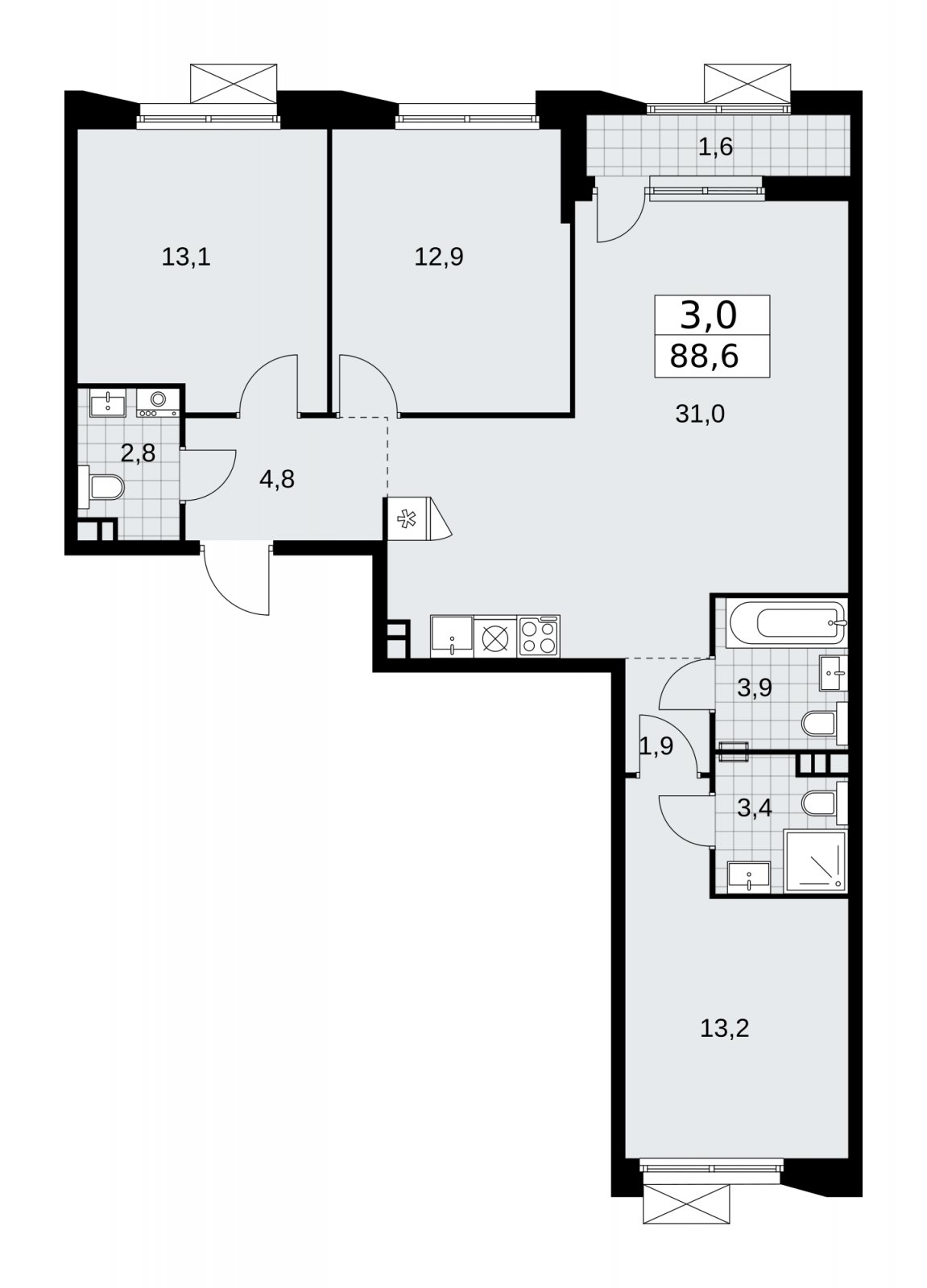 3-комнатная квартира с частичной отделкой, 88.6 м2, 3 этаж, сдача 1 квартал 2026 г., ЖК Бунинские кварталы, корпус 6.2 - объявление 2252526 - фото №1