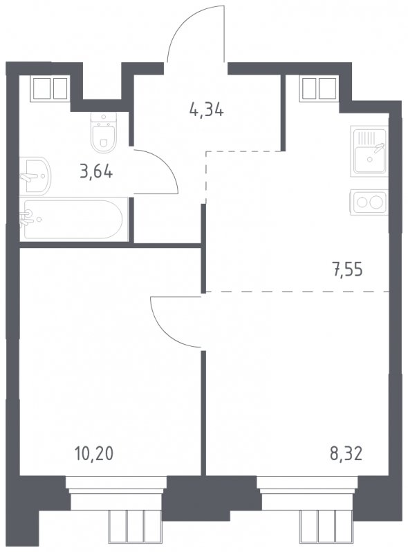 2-комнатная квартира с полной отделкой, 34.05 м2, 4 этаж, сдача 1 квартал 2023 г., ЖК Тропарево Парк, корпус 1.3 - объявление 1755382 - фото №1