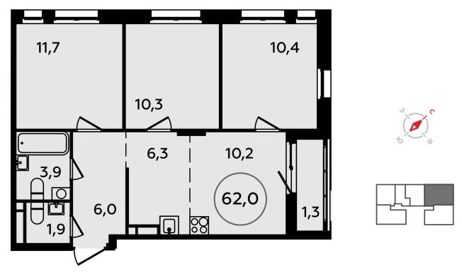 4-комнатная квартира (евро) без отделки, 62 м2, 11 этаж, сдача 4 квартал 2023 г., ЖК Скандинавия, корпус 15 - объявление 1517190 - фото №1