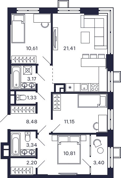 3-комнатная квартира без отделки, 75.9 м2, 5 этаж, сдача 2 квартал 2025 г., ЖК Квартал Тетрис, корпус "Квартал Тетрис 2.2" - объявление 2005419 - фото №1
