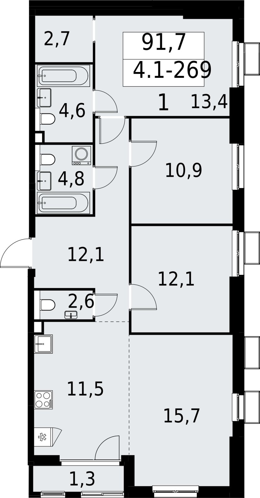 4-комнатная квартира (евро) с полной отделкой, 91.7 м2, 2 этаж, сдача 2 квартал 2027 г., ЖК Южные сады, корпус 4.1.2 - объявление 2392781 - фото №1