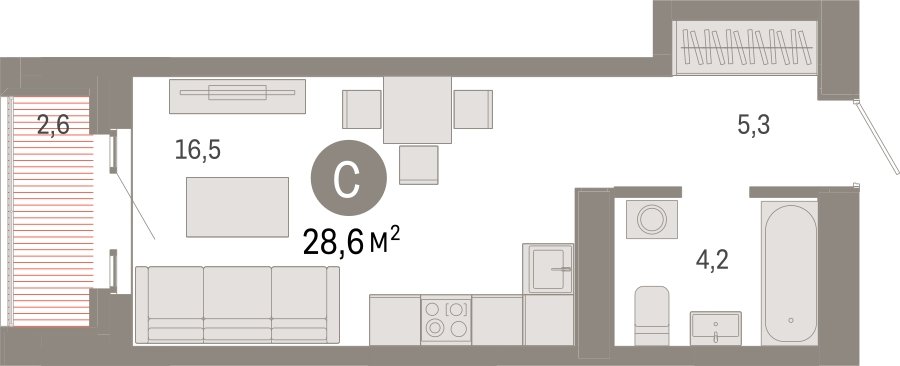 Студия с частичной отделкой, 28.6 м2, 23 этаж, сдача 3 квартал 2026 г., ЖК Квартал Метроном, корпус 1 - объявление 2300696 - фото №1
