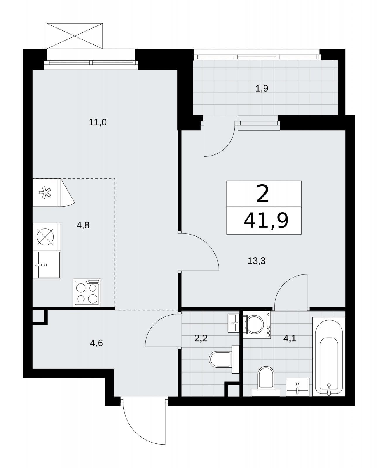 2-комнатная квартира (евро) без отделки, 41.9 м2, 2 этаж, сдача 1 квартал 2026 г., ЖК Дзен-кварталы, корпус 4.3 - объявление 2251662 - фото №1