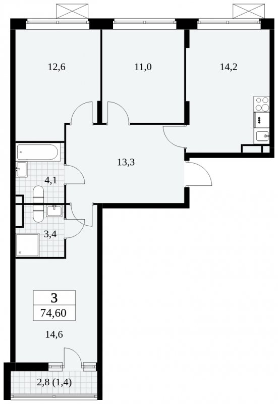 3-комнатная квартира с частичной отделкой, 74.6 м2, 6 этаж, сдача 3 квартал 2024 г., ЖК Прокшино, корпус 8.2 - объявление 1683733 - фото №1