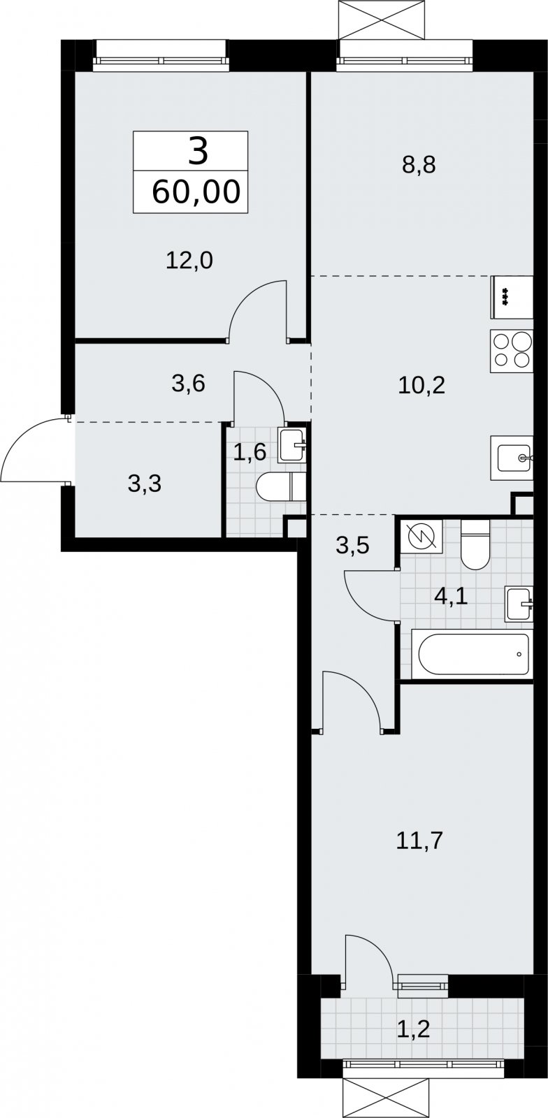 3-комнатная квартира (евро) без отделки, 60 м2, 2 этаж, сдача 3 квартал 2026 г., ЖК Родные кварталы, корпус 2 - объявление 2295320 - фото №1
